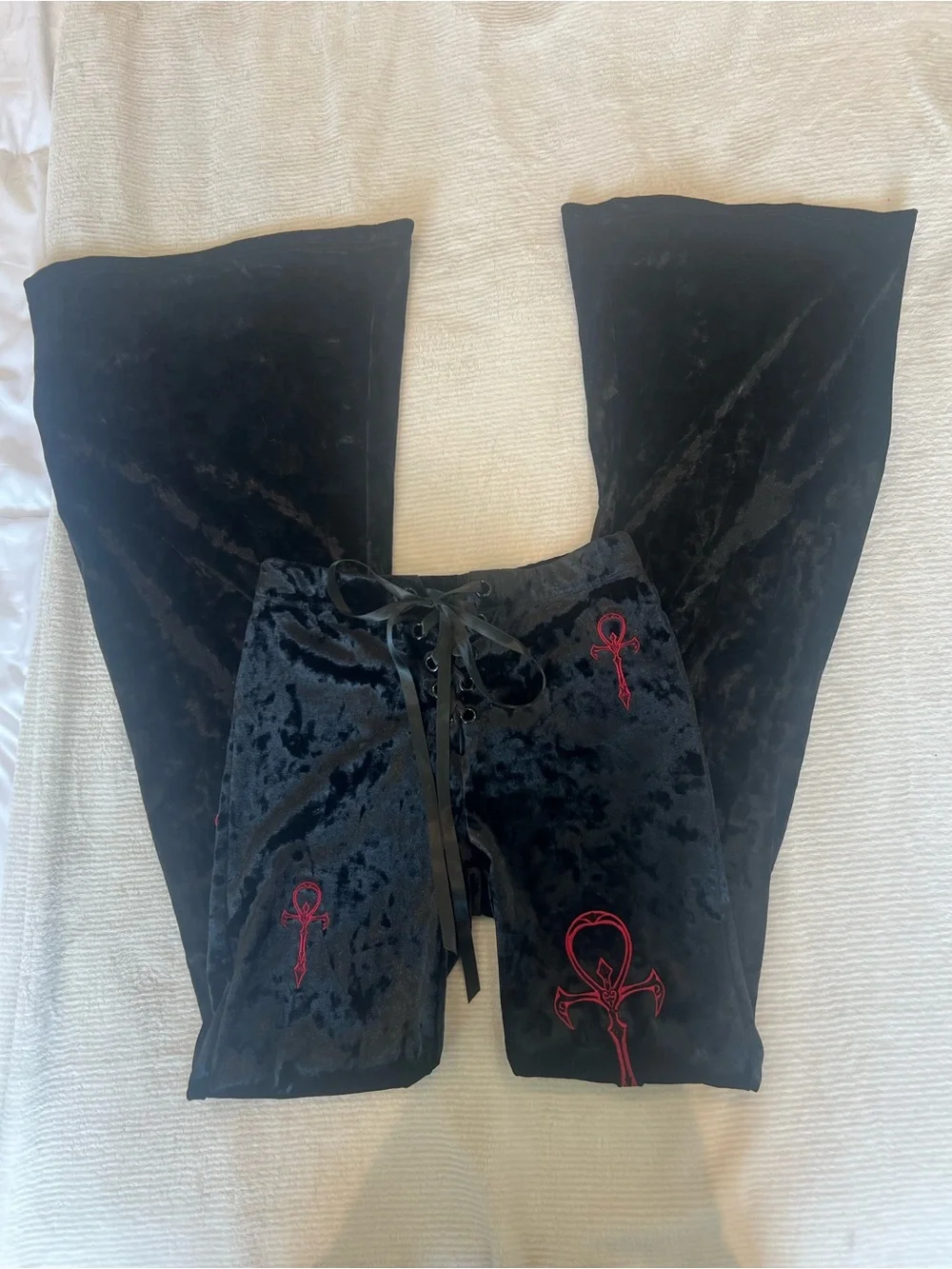 Widow Black Velvet Flare Pants with Ribbon Tie Up - Picture 1 of 6